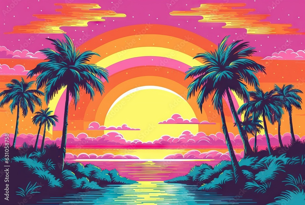 Sunset over the sea with palm trees and rainbow. illustration.