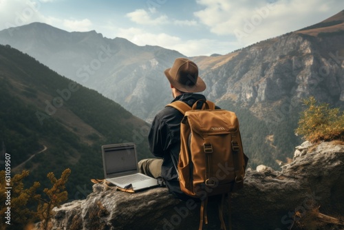 Freelancer man working online while hiking in the mountains. Travel and remote work concept