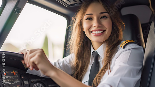 Lady pilot posing for the camera in aircraft cockpit