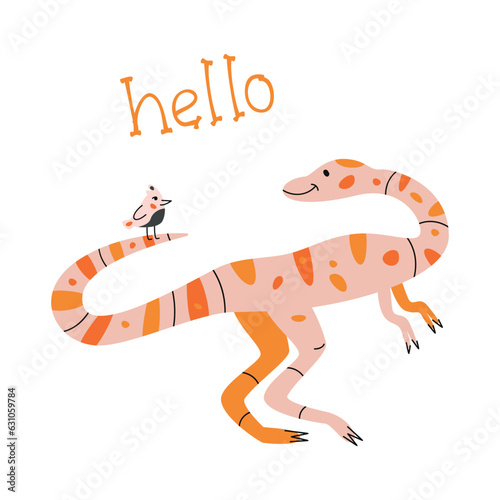 Vector hand drawn flat postcard with dinosaur and bird. Hello