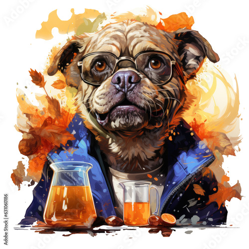 An English Bulldog Halloween t-shirt design capturing a hilarious moment of a bulldog dressed as a mad scientist, Generative Ai © Creative Artist