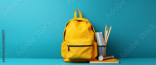 Full school backpack with books isolated on blue background with copy space. Back to School concept. Generative AI.