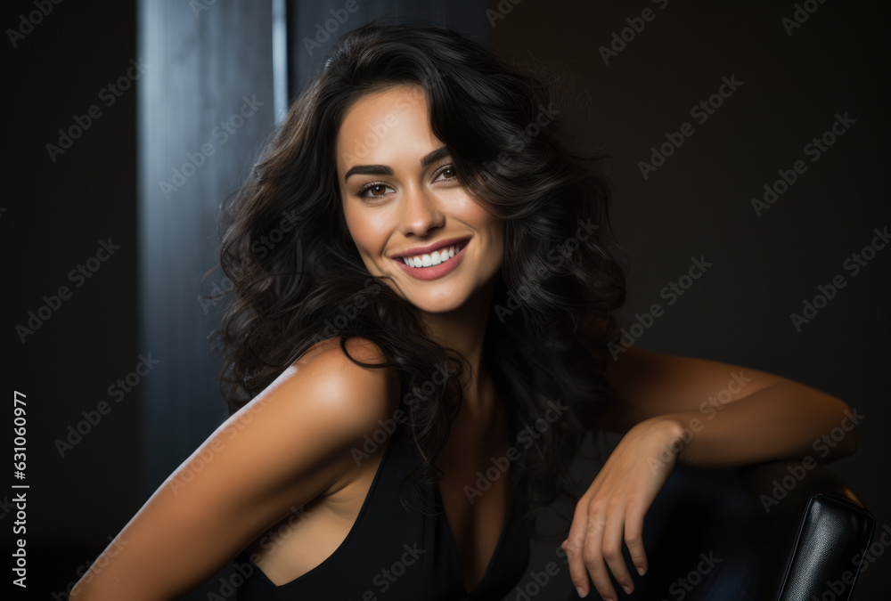 Close up portrait of a beautiful woman with a black dress sitting on a chair. Generative AI. Close up portrait of a beautiful woman with a black dress sitting on a chair. Generative AI.