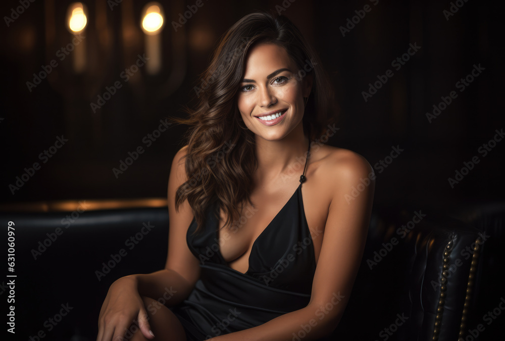 Close up portrait of a beautiful woman with a black dress sitting on a chair. Generative AI. Close up portrait of a beautiful woman with a black dress sitting on a chair. Generative AI.