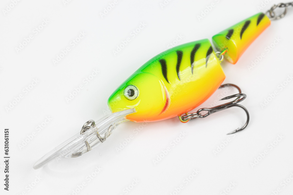 Belgrade, Serbia - 11. July 2023 - Rapala fishing wobbler isolated above white background Belgrade, Serbia - 11. July 2023 - Rapala fishing wobbler isolated above white background