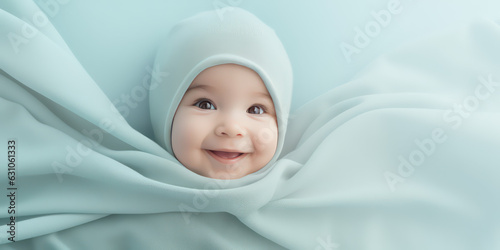 The face of a small newborn cute baby surrounded by a thin delicate fabric with soft folds of light pastel blue color, copy space. 