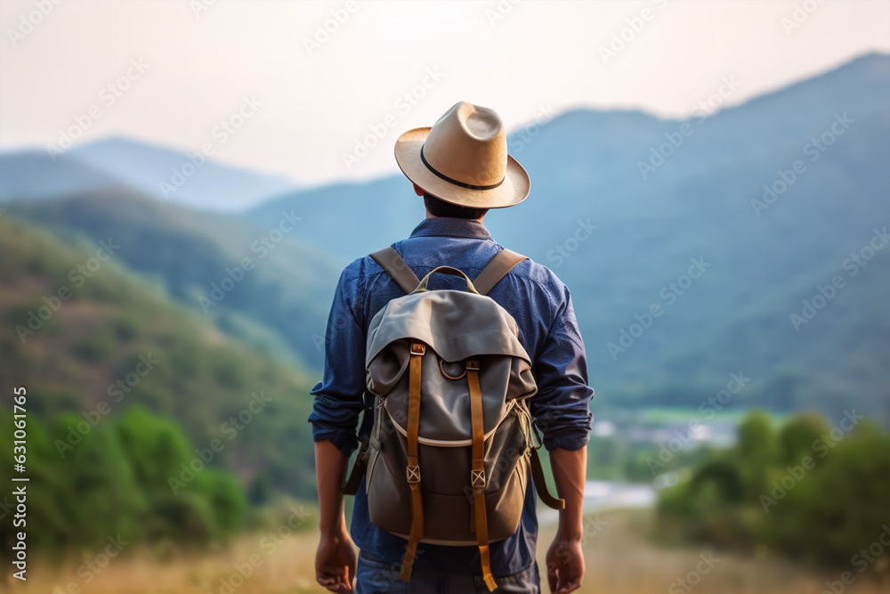 Back view of young man with backpack and hat standing on top of the mountain