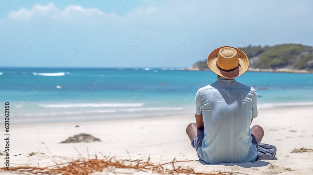Back view of a man in a straw hat and sunglasses sitting on a deckchair on the beach
