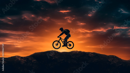 Silhouette of a mountain biker on a sunset background.