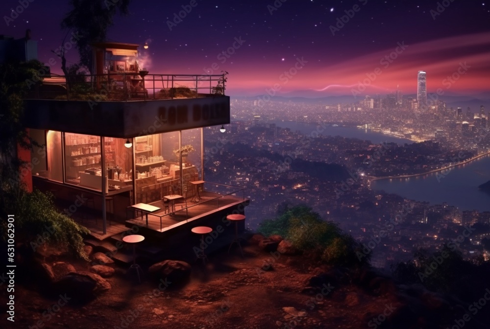a coffee shop on a hill with views of urban lights at night. generative ai
