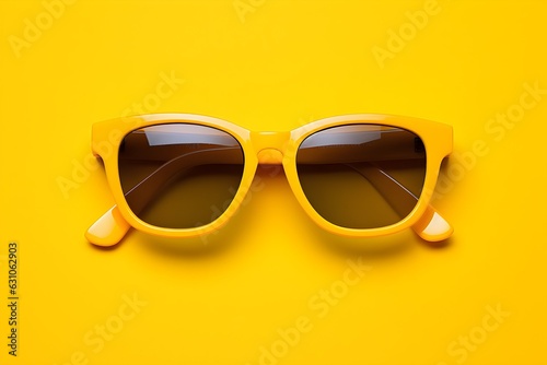 Sun-Kissed Design: A Pair of Designer Sunglasses Presented Against a Bright Yellow Background