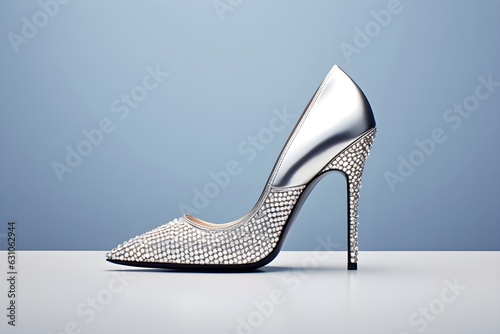 Photographie Stepping into Luxury: Diamond-Studded High Heels Against a Sleek Silver Backgrou