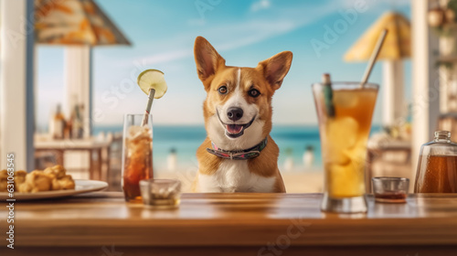dog in sunglasses with cocktail on the beach. summer vacation concept.