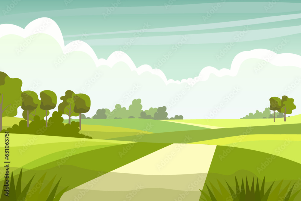 Cartoon rural grassland landscape, rural lane road to horizon through green pasture meadows with grass and trees in fields, summer farmland panorama. Farm field landscape vector illustration.