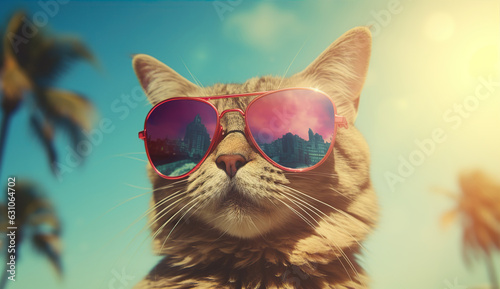 Red cat in sunglasses on a blue background. Created with Generative AI