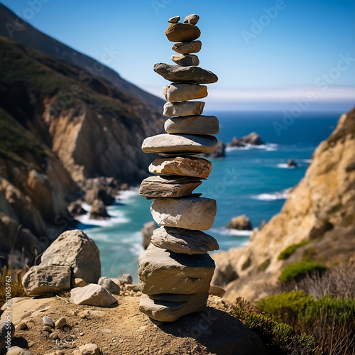 C complex stacked rock sculpture overlooking a coastal cliff in Big Sur, symbolizing balance and holistic health. Sony Alpha 7, ISO1980, Leica M. photo