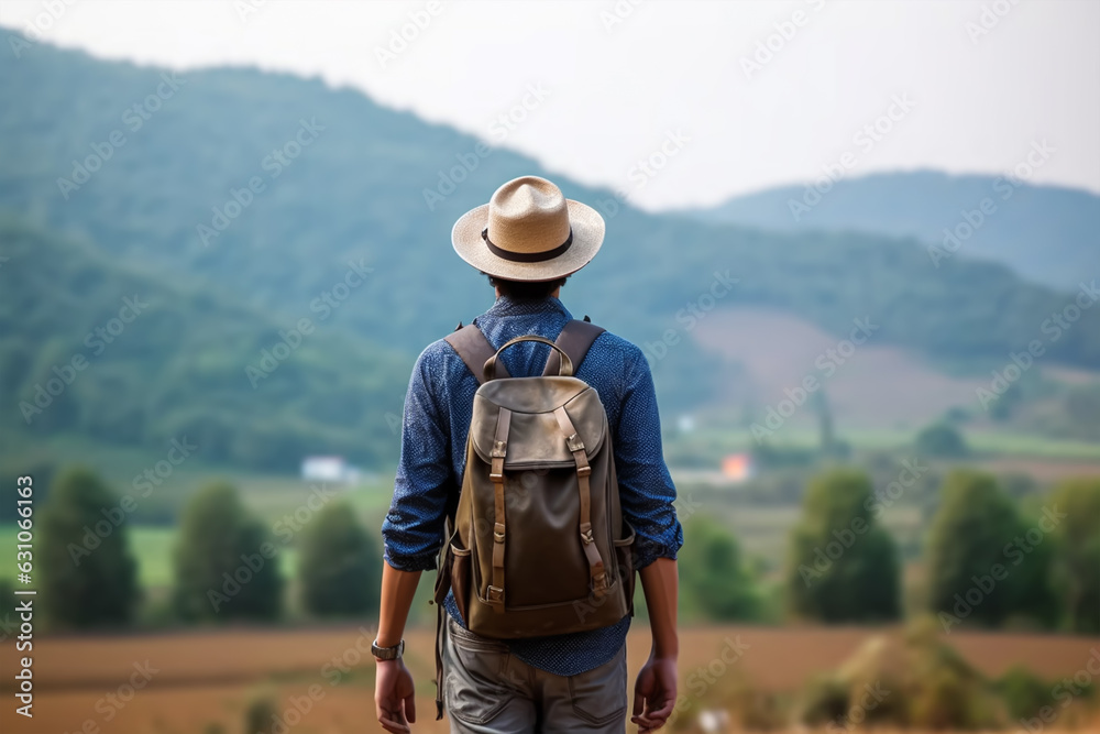Back view of young man with backpack and hat standing on top of the mountain Back view of young man with backpack and hat standing on top of the mountain