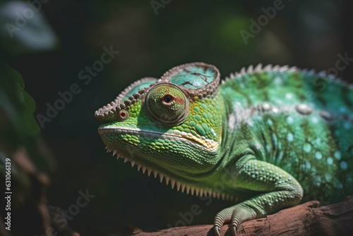 Green Chameleon on dark background. 