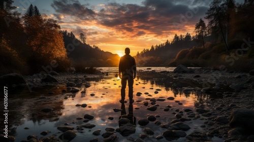 Sunset on the river, landscape nature with sunrise over water, man standing in river on rocks