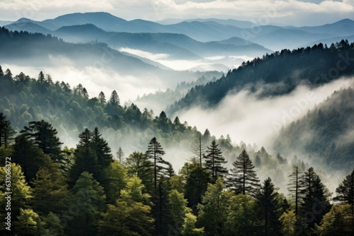 Smoky cloudy mountains trees valley. Generate AI