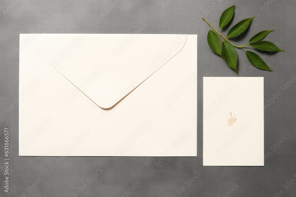 Wedding Invitation Cards Papers Laying on Table Decorate With Leaves, AI Generated Wedding Invitation Cards Papers Laying on Table Decorate With Leaves, AI Generated