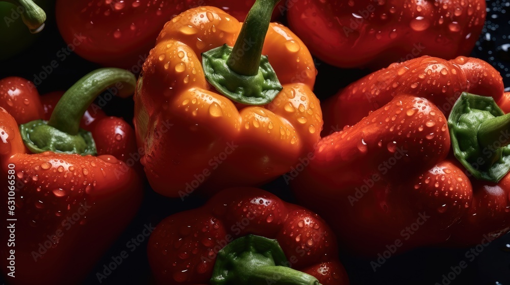 Fresh peppers with water drops on nature background, Top view. Fresh peppers with water drops on nature background, Top view.