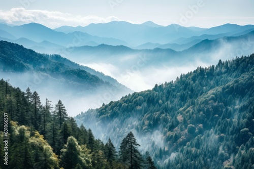 Smoky cloudy mountains trees fog. Generate AI photo