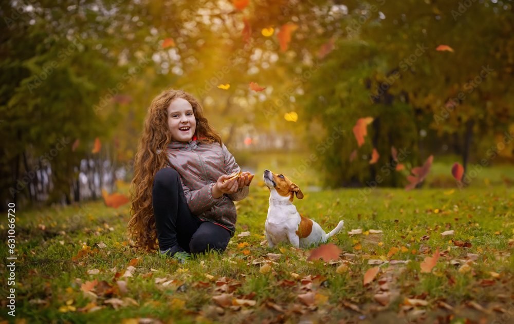 Φωτογραφία Beautiful girl with her friend jack russell dog  playing  in autumn outdoors