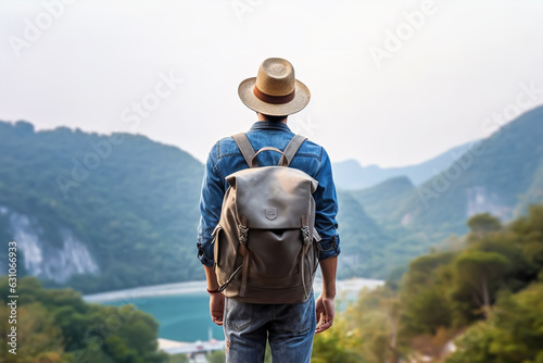 Back view of young man with backpack and hat standing on top of the mountain