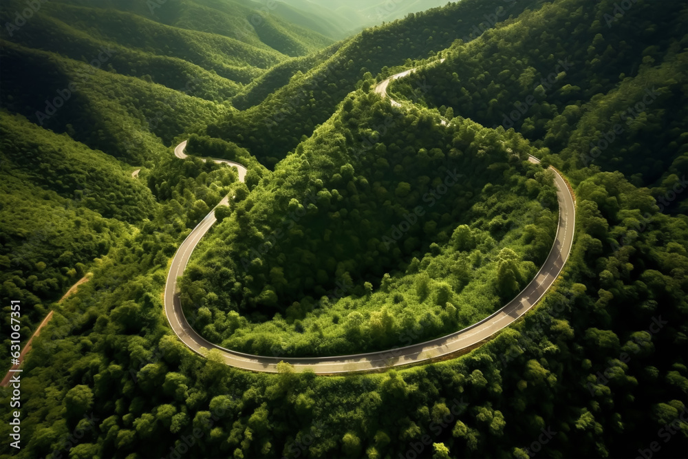 Aerial view of the winding road through the green forest in summer