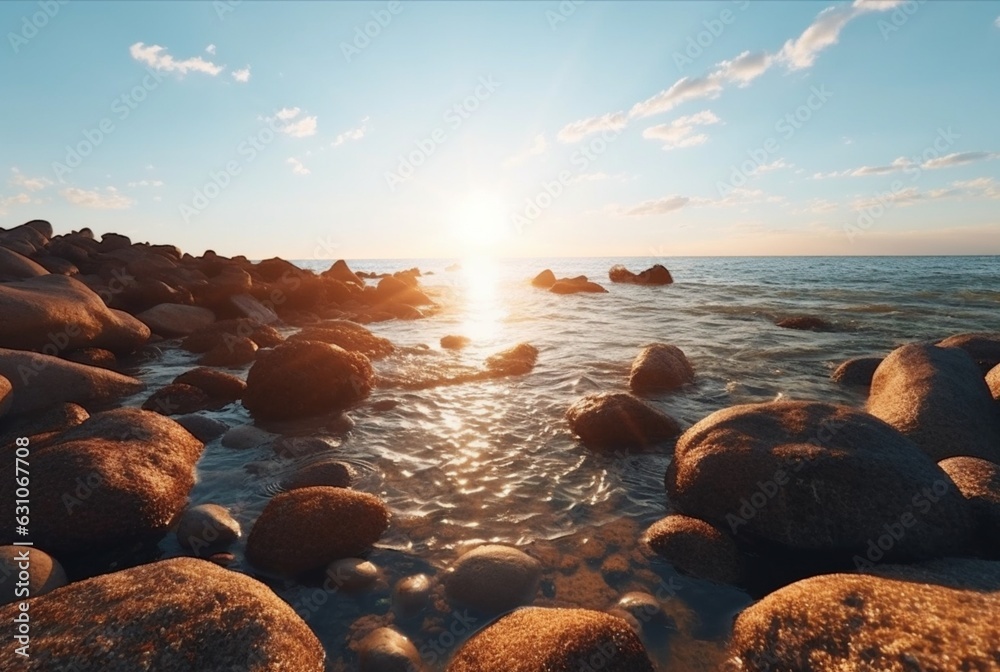landscape view of the beauty of the sunrise on the beach with large rocks and relaxing waves. generative ai landscape view of the beauty of the sunrise on the beach with large rocks and relaxing waves. generative ai