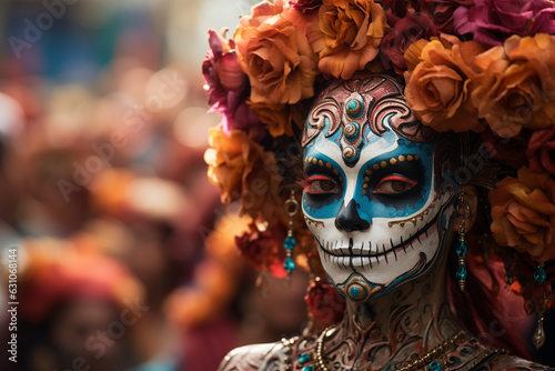 a colorful and elaborate La Catrina procession during the Day of the Dead parade Generative AI