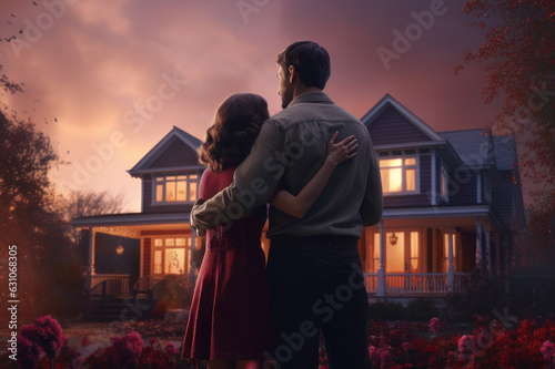 A happy married couple stands with their backs against the background of a house, buying and renting real estate. AI generative.