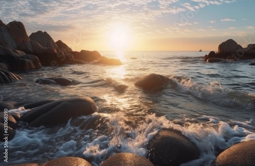 landscape view of the beauty of the sunrise on the beach with large rocks and relaxing waves. generative ai