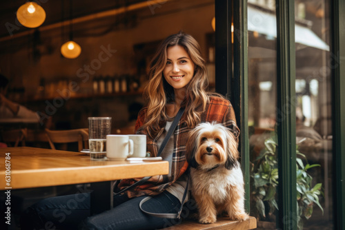 Young caucasian woman sitting with dog in pets friendly cafe © Maria Tatic