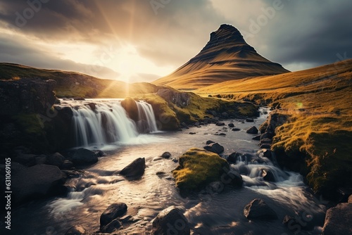Iceland europe evening view waterfall. Generate Ai