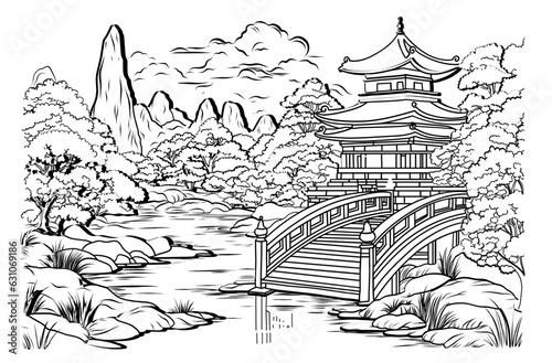 Japanese Landscape Coloring page. coloring page of japanese garden.