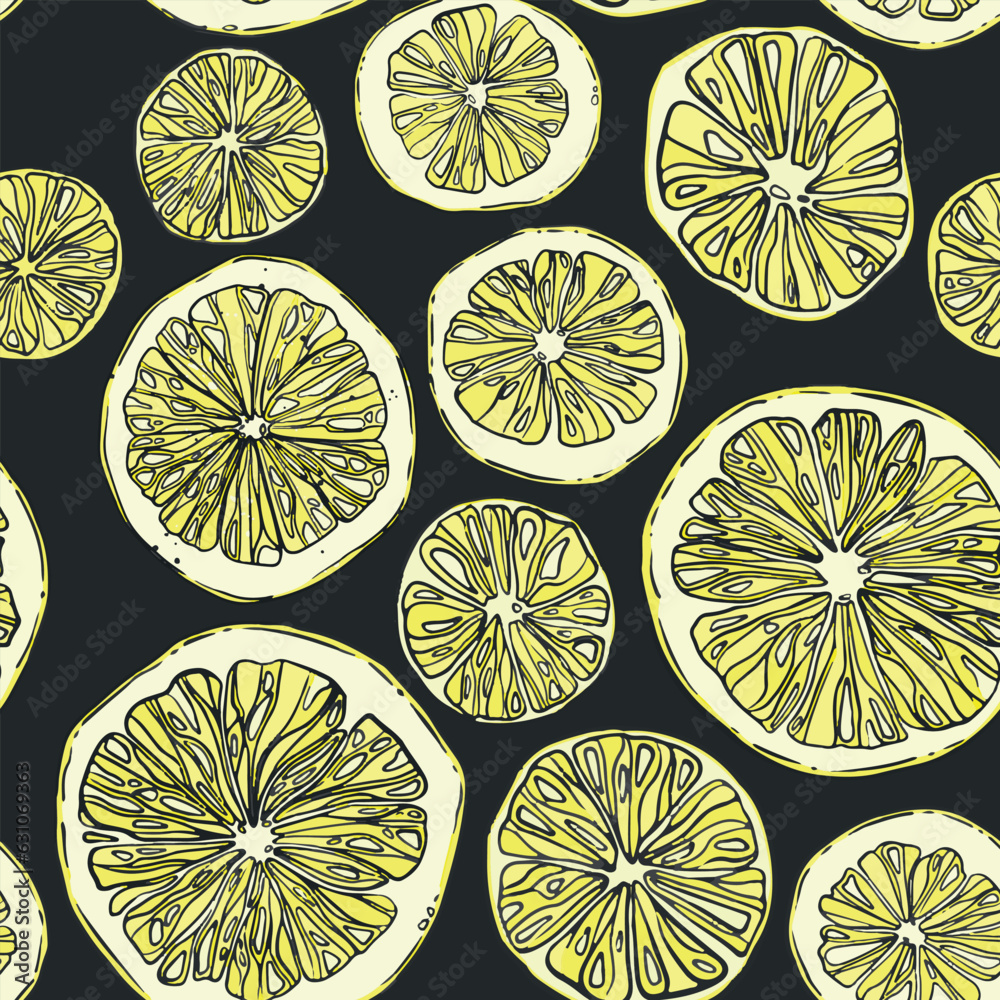 Seamless pattern with hand-drawn linear art cut lemons on gray background