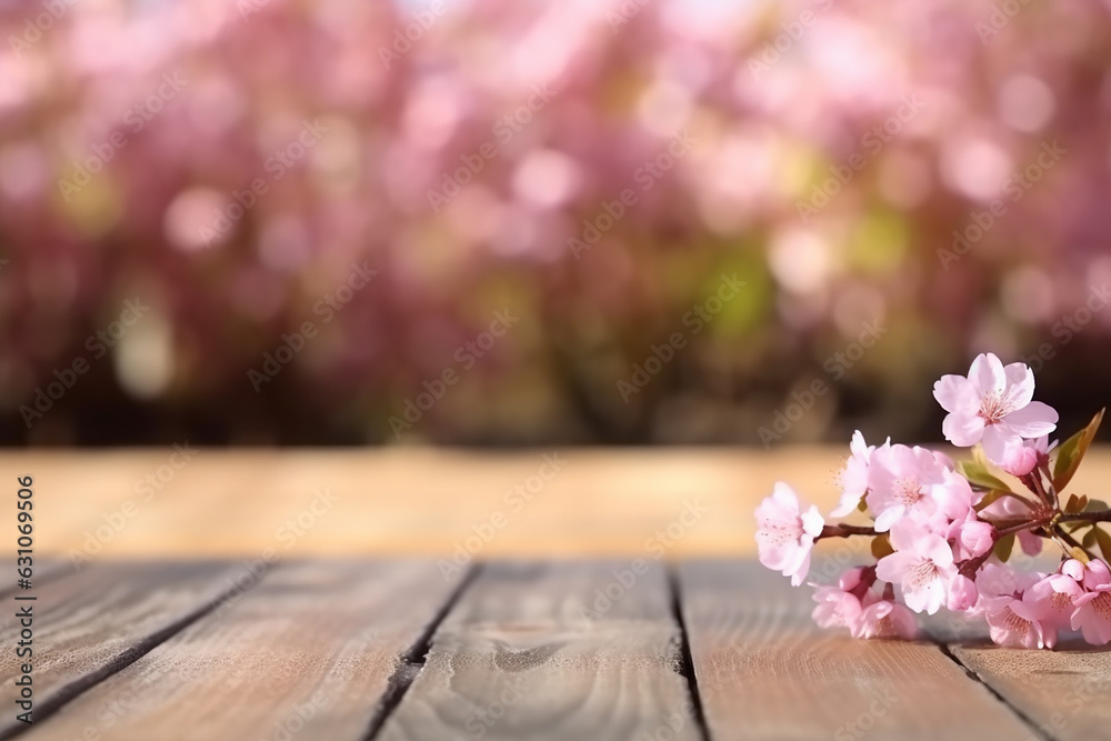 Sakura Flower Park Background Mockup on Empty Wooden Table - Product Display Template Created with Generative AI Tools