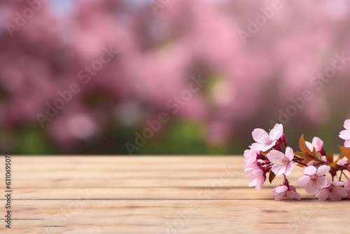 Sakura Flower Park Background Mockup on Empty Wooden Table - Product Display Template Created with Generative AI Tools