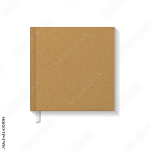 Blank brown kraft paper square book, notebook or magazine white ribbon bookmark top view mockup template. Isolated on white background. Ready to use for your business. Realistic vector illustration.