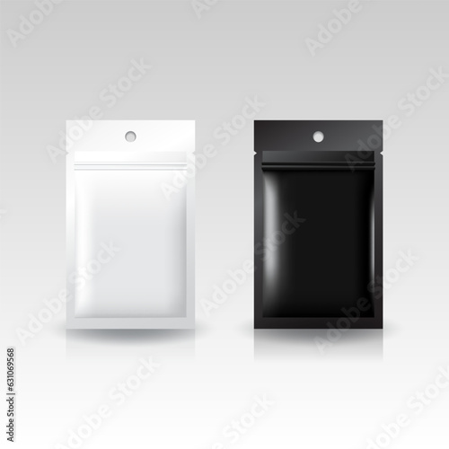 White and black flat aluminum zip pouch with round hanging hole mockup for food, supplement or other product. Isolated on gray background. For package design. Realistic vector illustration.