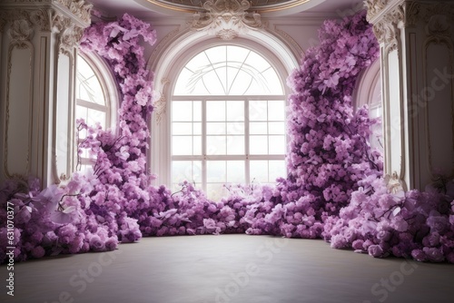 Castle room purple curtain window. Generate Ai