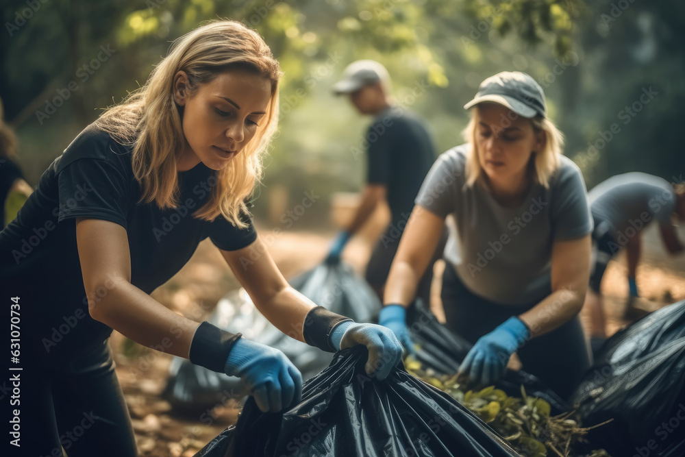 A group of volunteers with garbage bags, Collects garbage in bag, Ecology protection concept.