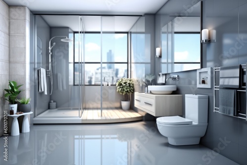 Modern bathroom interior with shower and toilet  Minimalist  Modern bathroom interior.