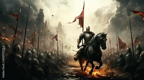 Fotografia Knight in armor riding a horse on the battlefield, Fantasy medieval battle