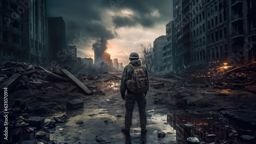 Soldier in destroyed city, Military special forces on a mission.