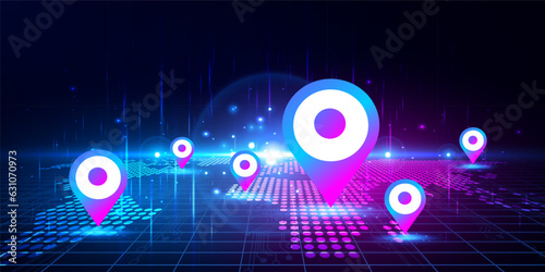 Abstract Map GPS pin navigation, Digital technology cloud futuristic blue pink background, Cyber science tech, Innovation communication future, Ai big data, internet network connection illustration 3d
