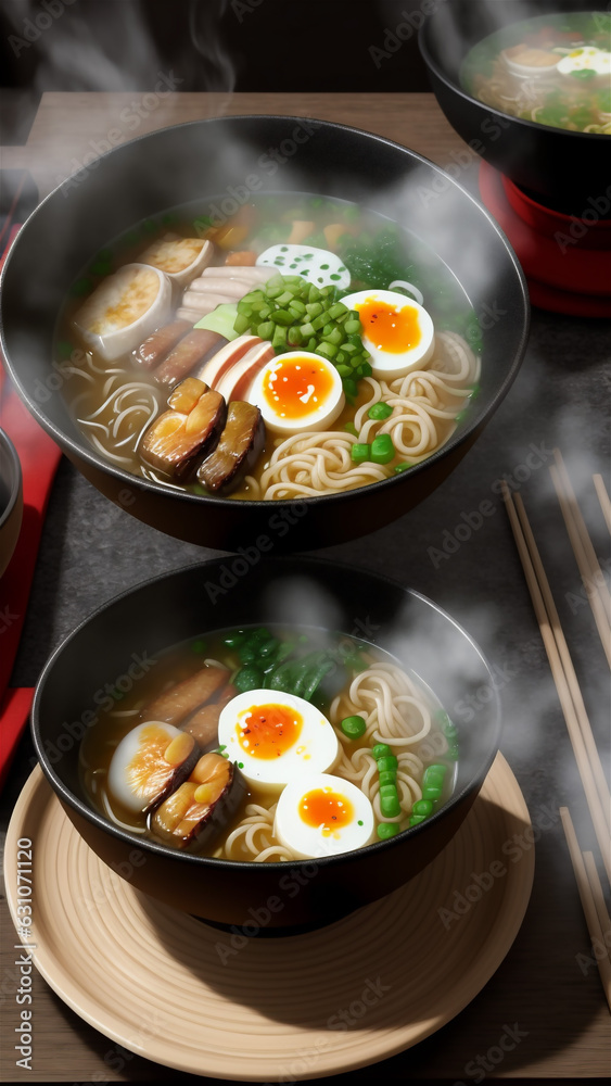 a bowl of Tsukimi (Moon Viewing) Udon on wooden background