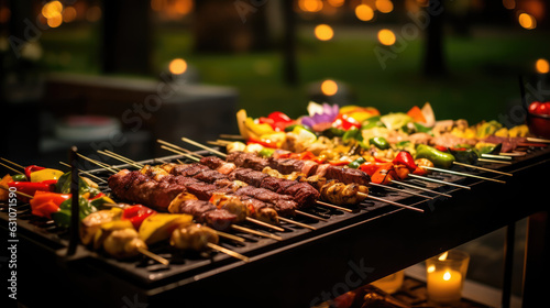 A tempting barbeque display  with succulent grilled meat and colorful vegetables beautifully arranged on the grill